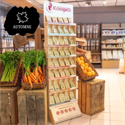 Présentoir mural en bois avec semences d'automne