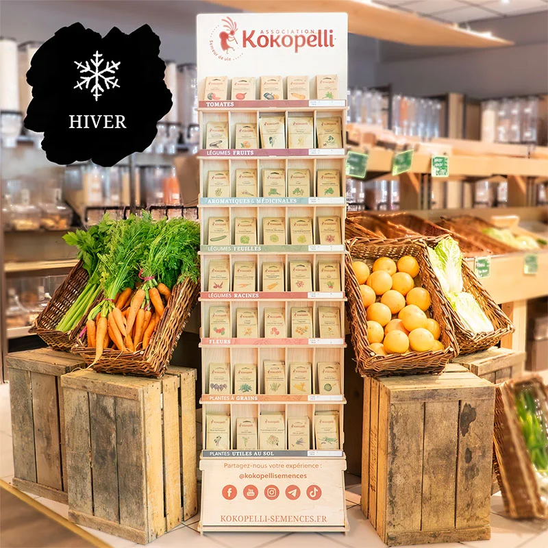 Offres Revendeurs - Présentoir en bois mural avec semences d'hiver Présentoir en bois mural avec semences d'hiver (5 sachets / réf)