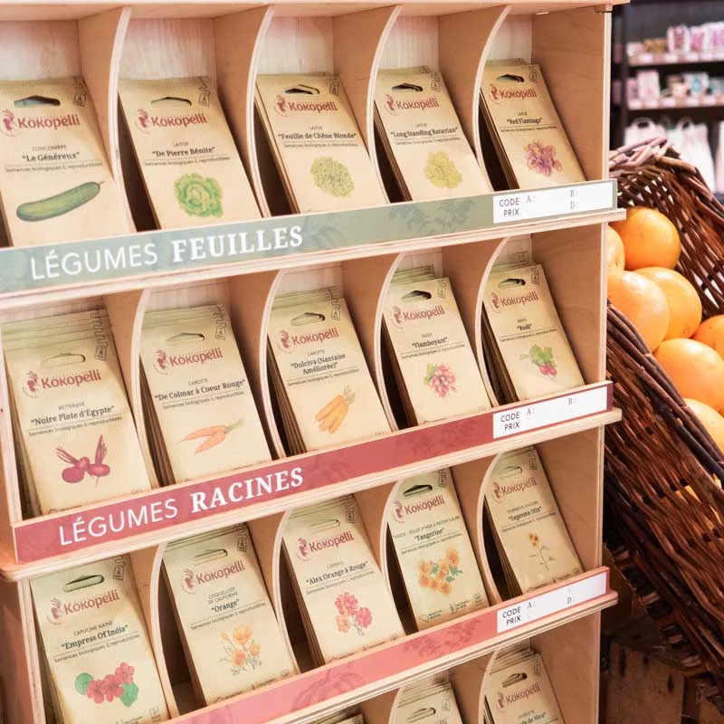 Offres Revendeurs - Présentoir mural en bois avec semences de printemps Présentoir mural en bois avec semences de printemps (5 sachets / réf)