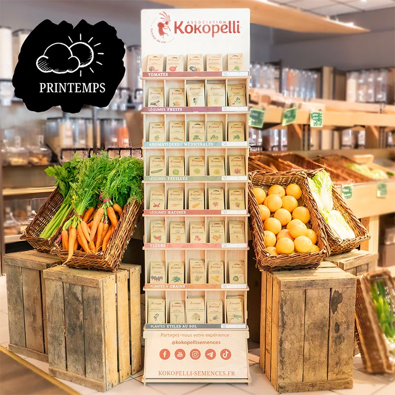 Offres Revendeurs - Présentoir mural en bois avec semences de printemps Présentoir mural en bois avec semences de printemps (10 sachets / réf)