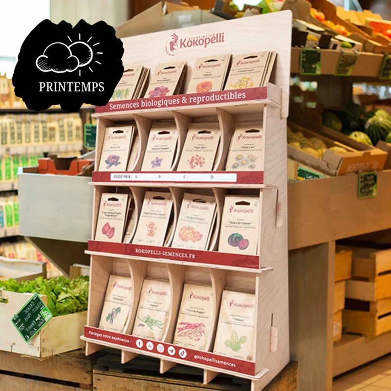 Offres Revendeurs - Présentoir de comptoir en bois avec semences de printemps Présentoir de comptoir en bois avec semences de printemps (15 sachets / réf)