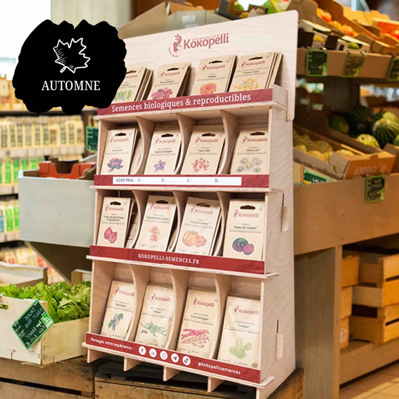 Offres Revendeurs - Présentoir de comptoir en bois avec semences d'automne Présentoir de comptoir en bois avec semences d'automne (5 sachets / réf)