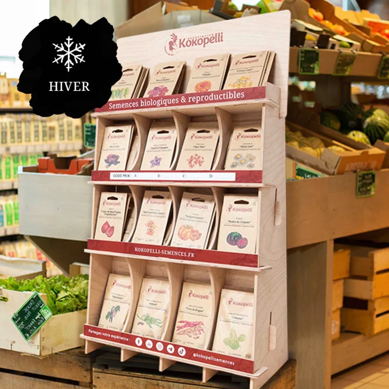 Offres Revendeurs - Présentoir de comptoir en bois avec semences d'hiver Présentoir de comptoir en bois avec semences d'hiver (15 sachets / réf)